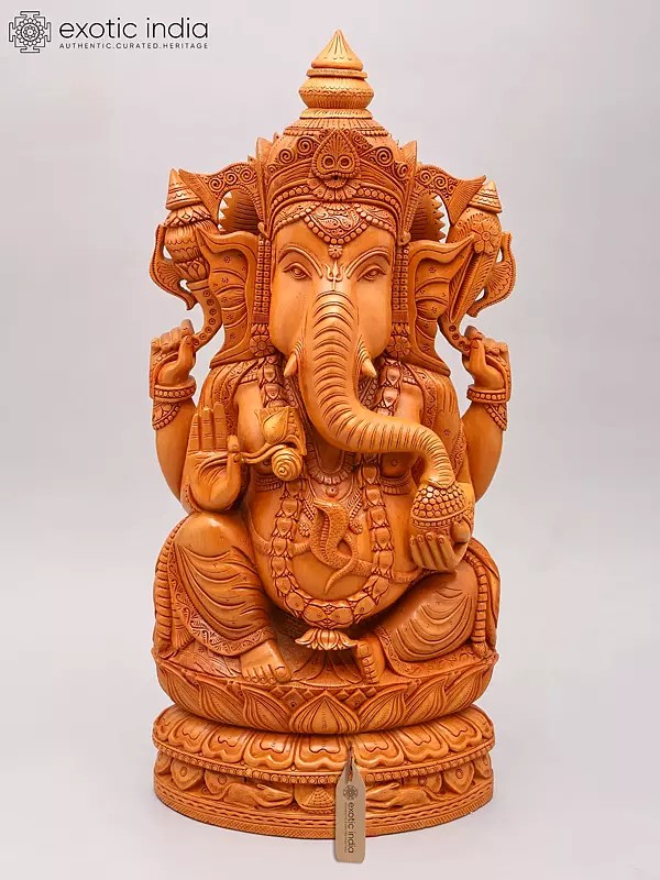 Lord Ganesha Wood Sculpture: Four-Armed Blessing Pose