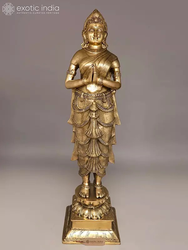 7 Feet Large Standing Welcome Lady/Namaste Lady | Brass Statue