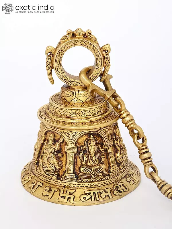 8" Brass Lakshmi Ganesha Saraswati Hanging Bell