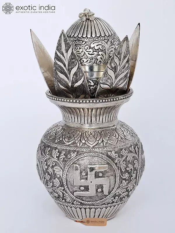 10 Inch White Metal Puja Kalash with Swastika
