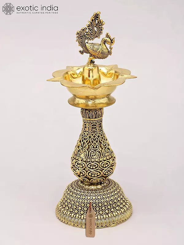 Decorative Brass Oil Lamp with Five Wicks and Peacock Design
