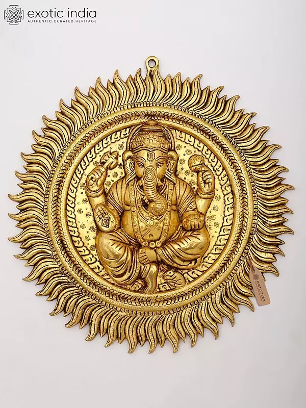 15" Brass Ganesha Wall Hanging with Sunburst Design
