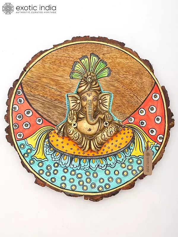 9" Wall Hanging Ganesha: Hand-Painted Wood Framed Brass Sculpture