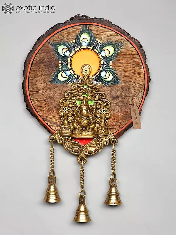 Ganesha Brass Wall Art with Bells and Peacock Motif on Wood Base