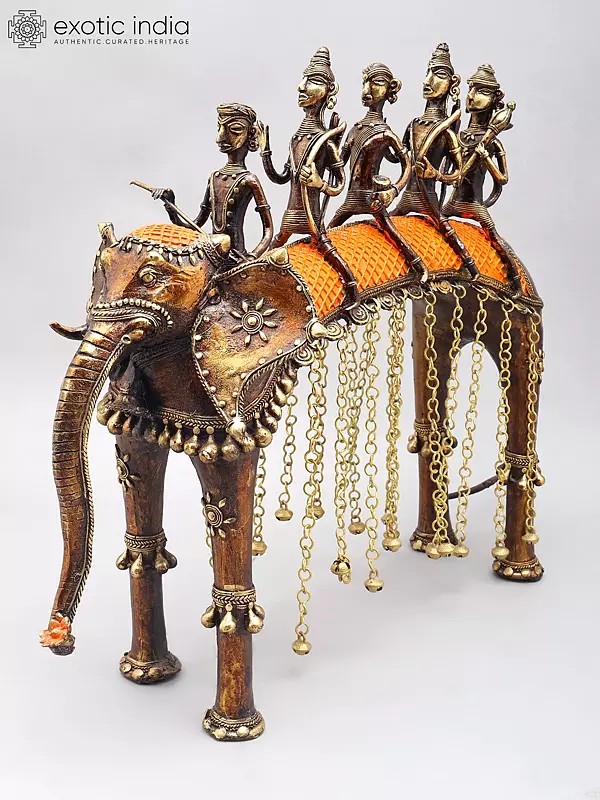 22" Tribal Ram Darbar Elephant Statue: Ram, Sita, Lakshman, Hanuman