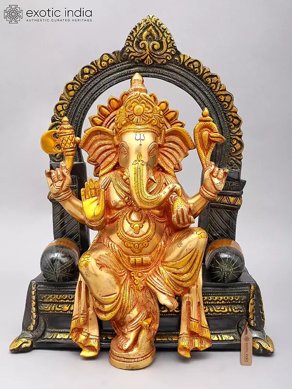 Lord Ganesha Brass Statue: 16" Blessing Seated on Throne