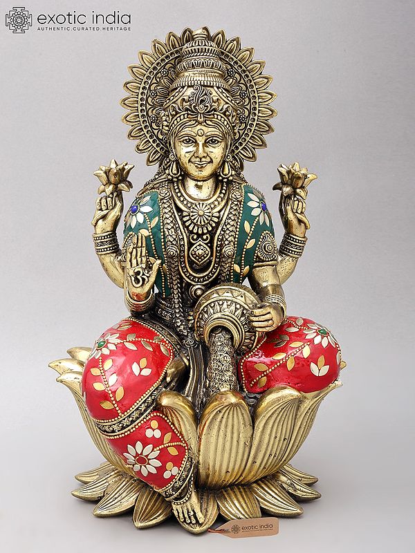 12" Superfine Blessing Goddess Lakshmi | Brass Statue with Inlay Work