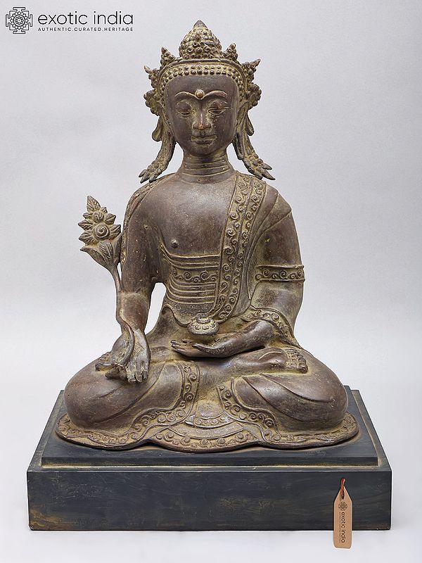17" Crowned Medicine Buddha | Brass Statue on Wood Base