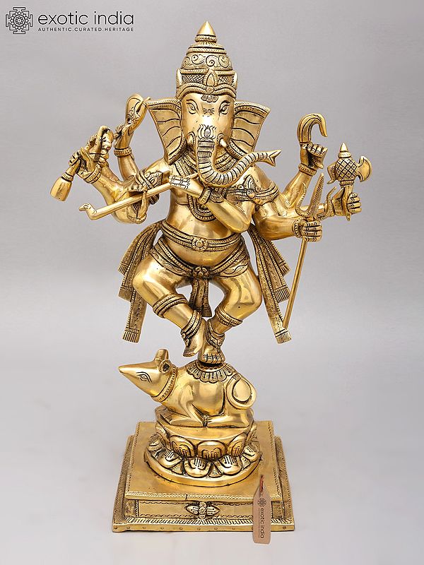 18" Eight Armed Lord Ganesha Dancing on Mushak | Brass Statue