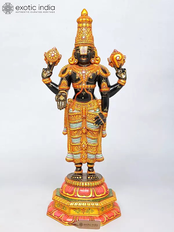 32" Large Beautifully Carved and Hand-Painted Tirupati Balaji (Venkateshvara) | Wood Carved Statue