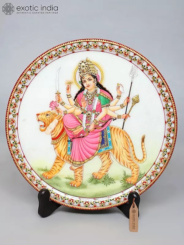 15" Goddess Durga (Sherawali Maa) Marble Plate with Wooden Stand