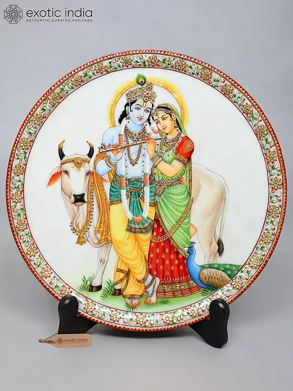 15" Radha-Krishna Marble Plate with Wooden Stand