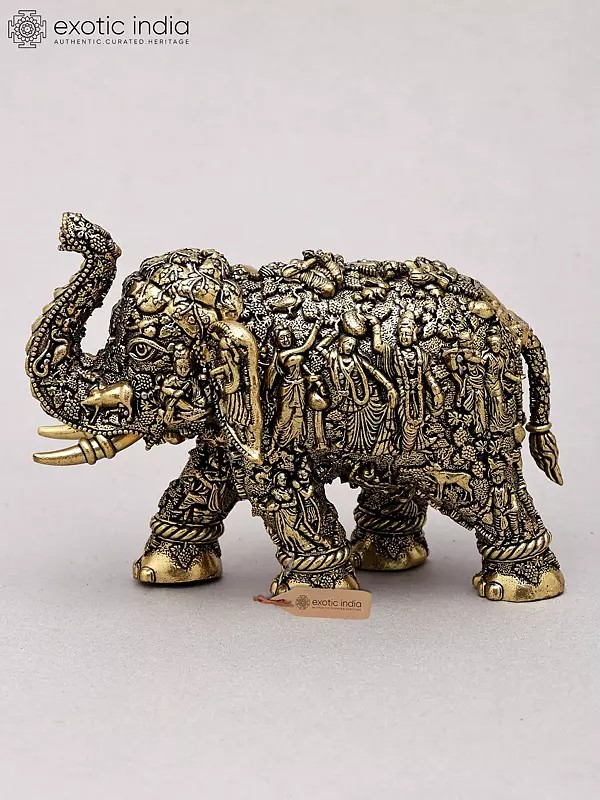 5" Small Superfine Sacred Elephant with Radha Krishna Carvings | Brass Statue