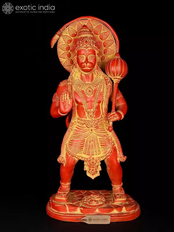 22" Sindoori Colored Standing Lord Hanuman in Blessing Gesture | Brass Statue