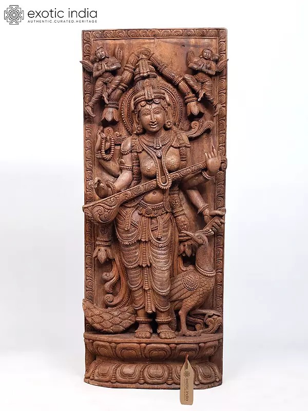 36" Wood Carved Standing Goddess Saraswati Playing Veena | Standing and Wall Hanging Both