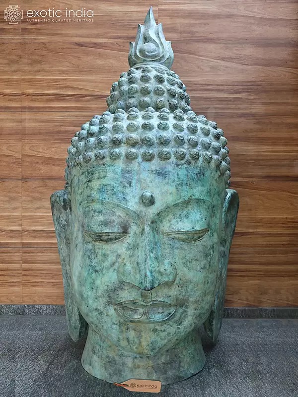 8 Feet Giant Buddha Head with Sacred Flame Ushnisha | Brass Sculpture