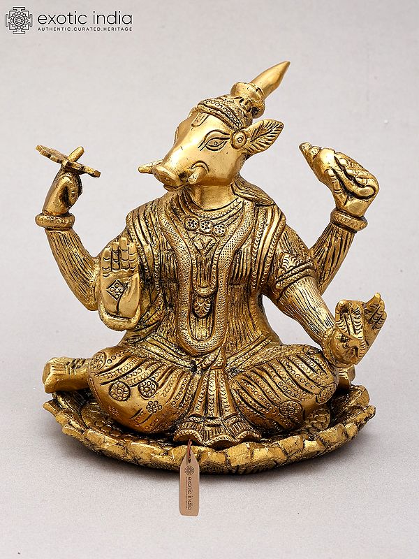 6" Small Blessing Lord Varaha In Brass | Handmade | Made In India