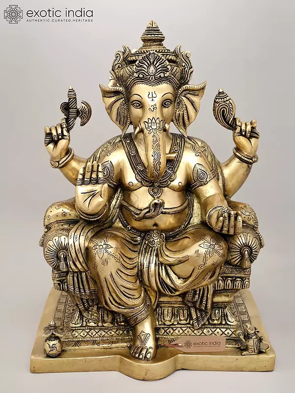 18" King Ganesha Granting Abhaya In Brass | Sacred Home Statue