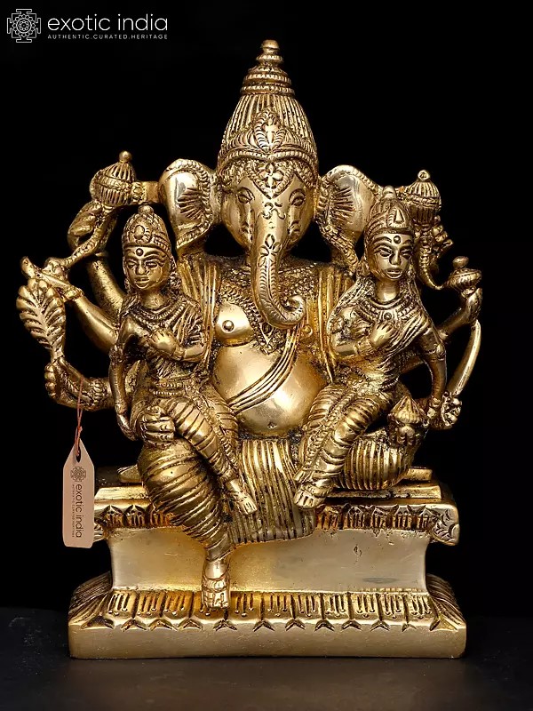 5" Small Lord Ganesha with Riddhi Siddhi | Brass Statue