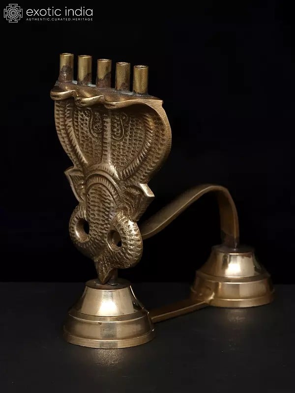 5" Brass Three - Hooded Serpent Shodash Upachara Lamp