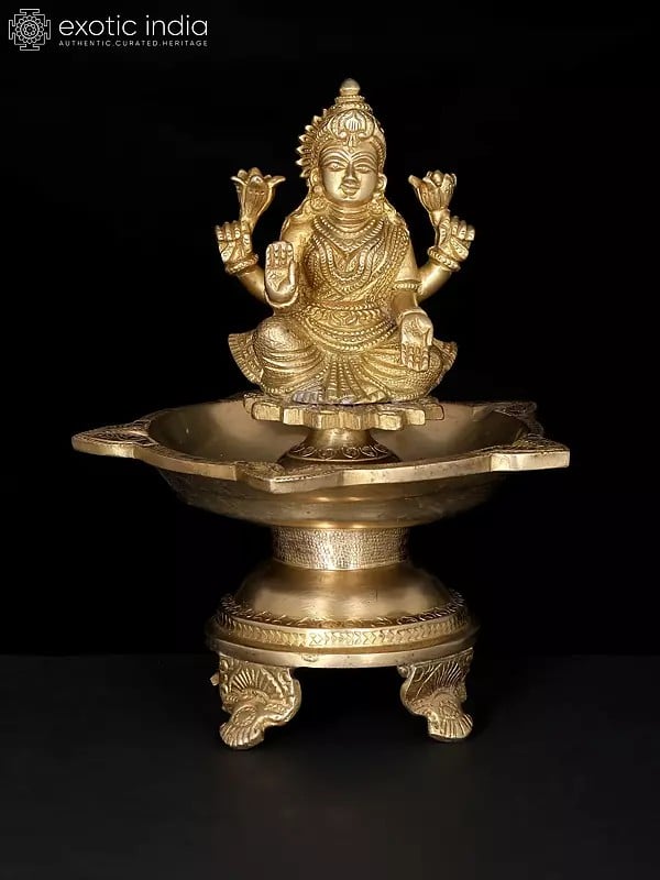 8" Five Wicks Goddess Lakshmi Lamp in Brass