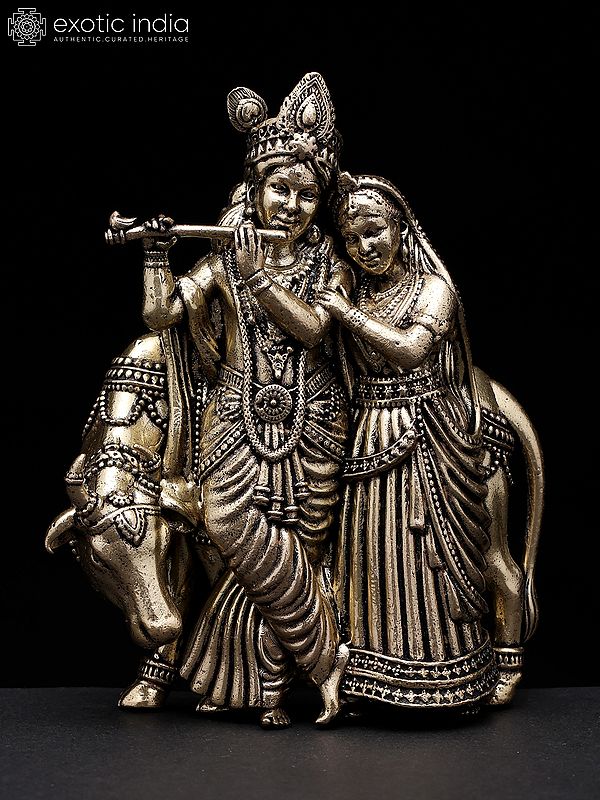 4" Small Superfine Radha Krishna with Cow | Wall Hanging | Brass Statue