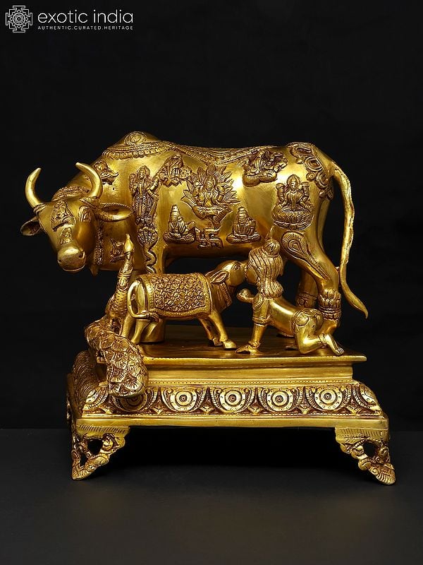 15" Brass Vastu Cow and Calf with Baby Krishna and Peacock | Brass Statue