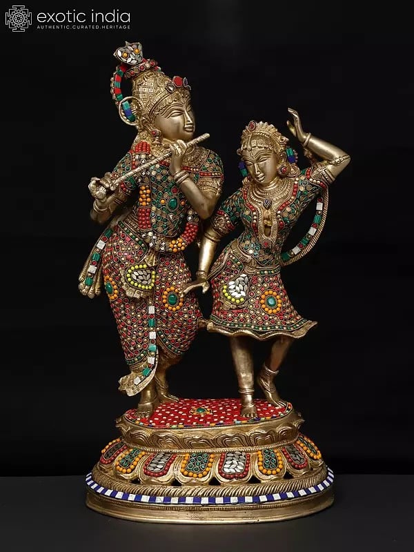 23" Fluting Lord Krishna with Goddess Radha | Brass Statue with Inlay Work