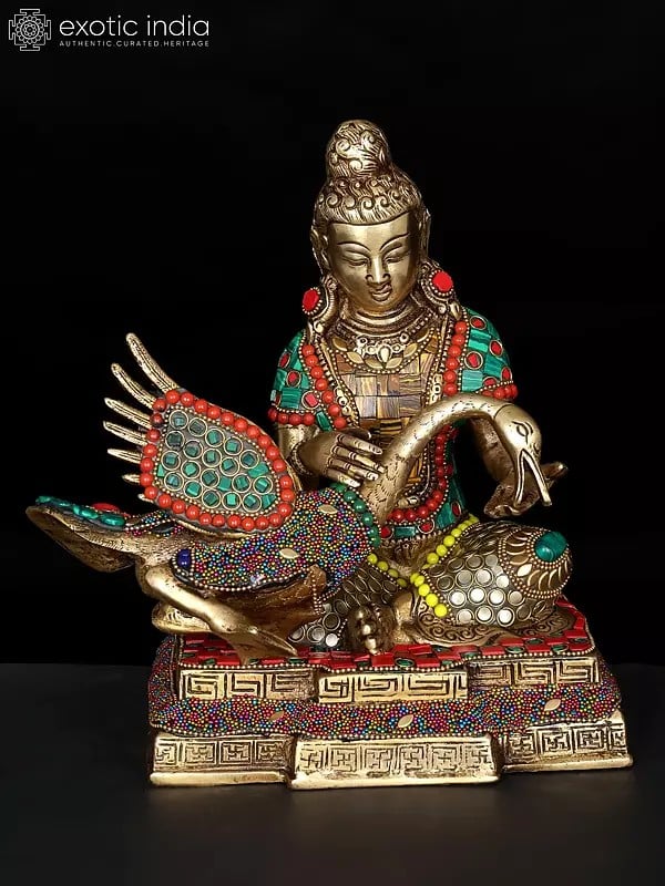 9" Lord Buddha Healing The Swan | Brass Statue with Inlay Work