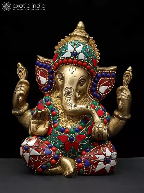 6" Small Four Armed Sitting Lord Ganesha | Brass Statue with Inlay Work