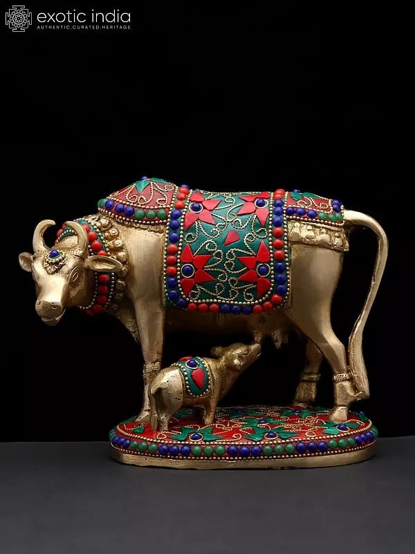 7" Cow and Calf | Brass Statue with Inlay Work