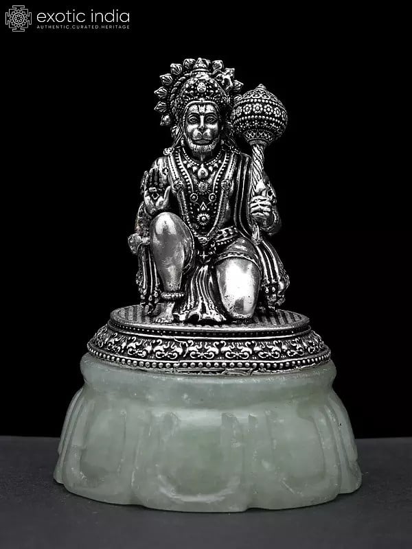 3" Small Brass Superfine Blessing Lord Hanuman Seated on Green Aventurine Gemstone Base