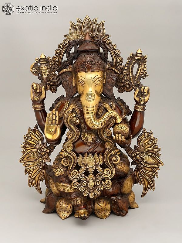 21" Four Armed Blessing Lord Ganesha Seated on Lotus Throne | Brass Statue