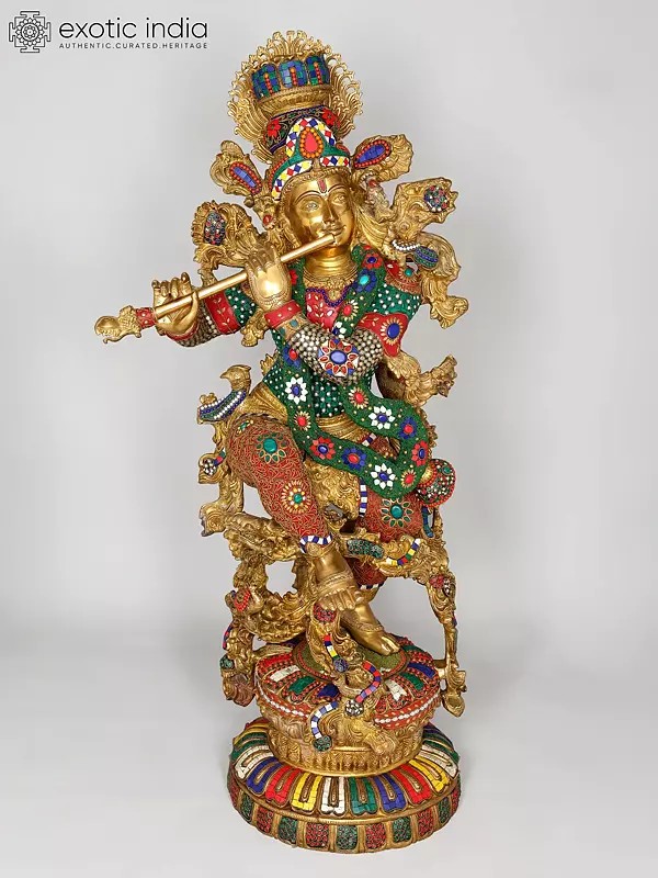 43" Large Fluting Lord Krishna | Brass Statue with Inlay Work