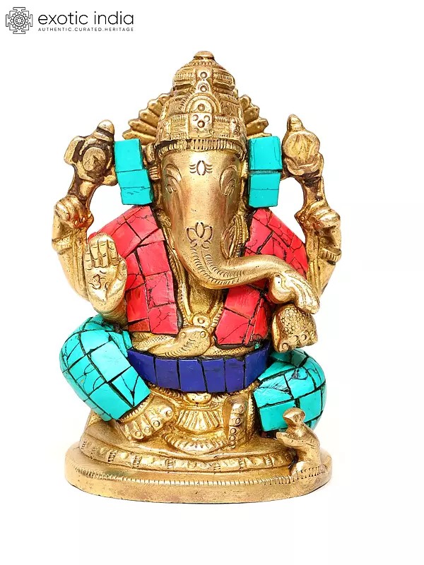 4" Small Blessing Lord Ganesha | Brass Statue with Inlay Work