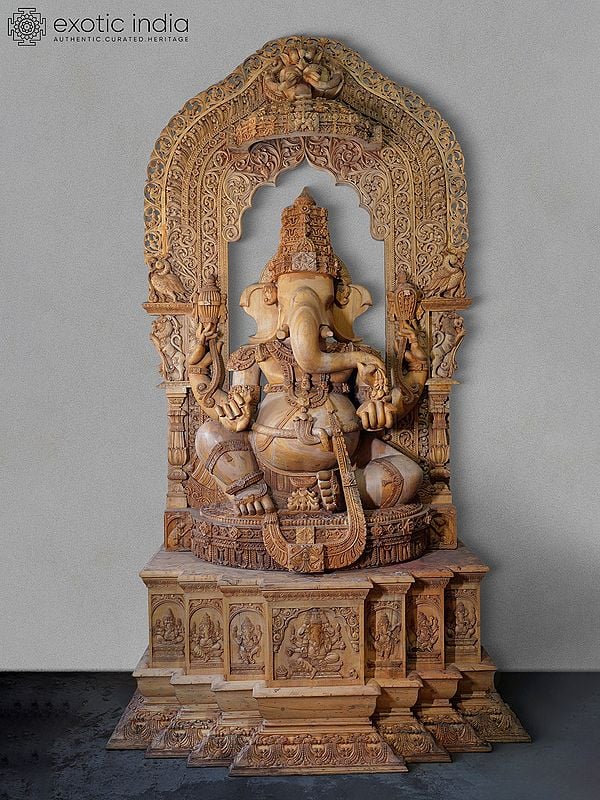 126" Super Large Chaturbhuja Lord Ganesha Seated on Kirtimukha Throne | Wood Carved Statue | Shipped by Sea