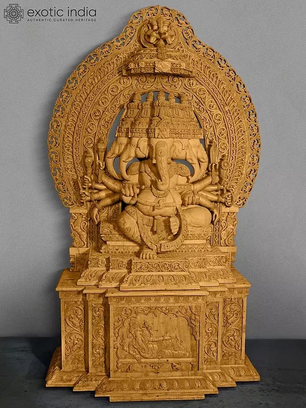 75" Super Large Finely Carved Ten Armed Panchamukhi Lord Ganesha in Wood