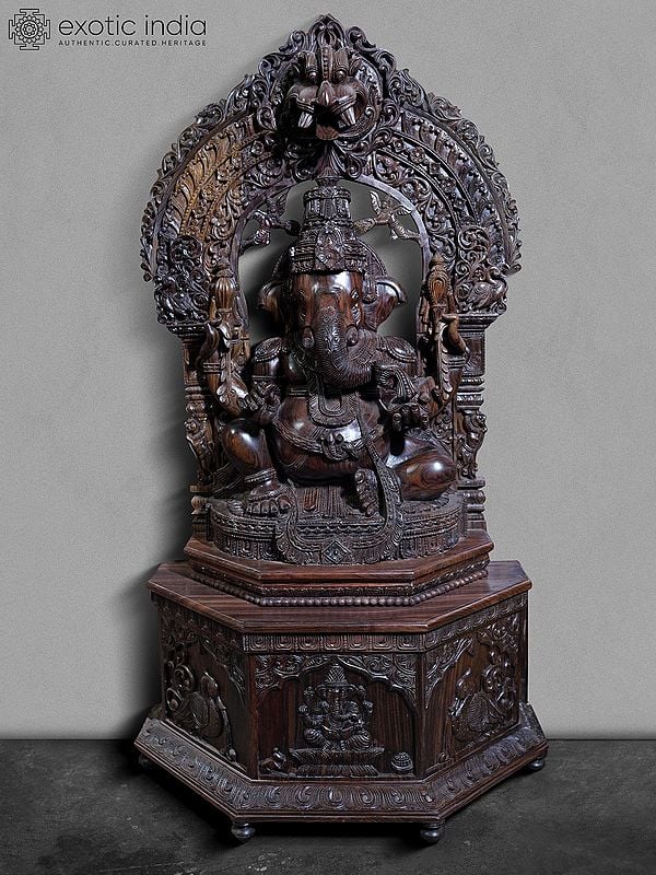 62" Large Four Armed Lord Ganesha Seated on Kirtimukha Throne | Rosewood Statue