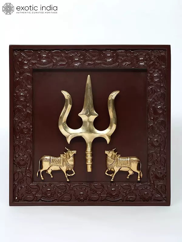 19" Kamadhenu Cows with Trishul/Trident | Wood Framed Brass Sculpture | Wall Hanging