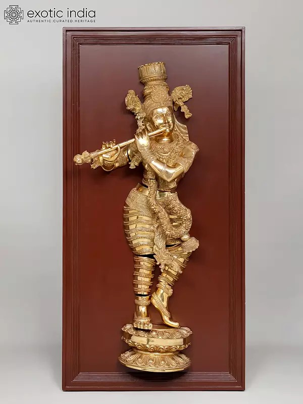 53" Large Fluting Lord Krishna | Wood Framed Brass Sculpture | Wall Hanging