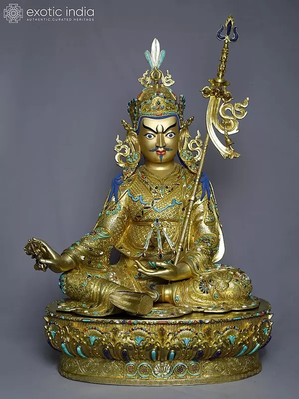 29" Tibetan Buddhist Guru Padmasambhava Statue In Copper Gold Plated | Handmade Statue