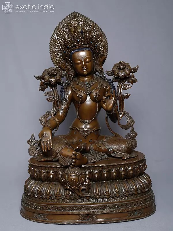 21" Seated Goddess Green Tara Statue In Copper Gold Plated From Nepal | Handmade