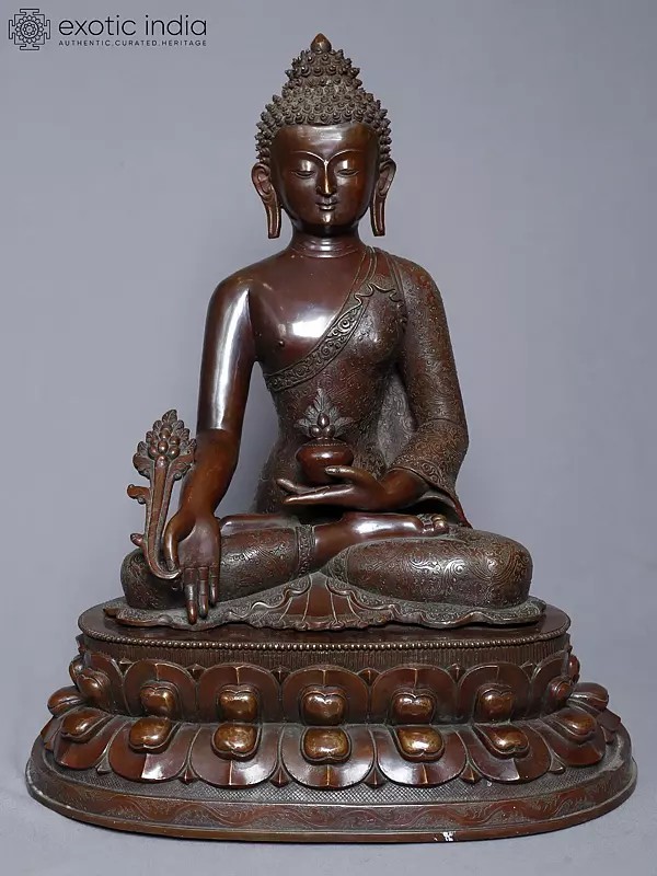 18" Lord Medicine Buddha Statue In Copper Gold Plated From Nepal | Handmade