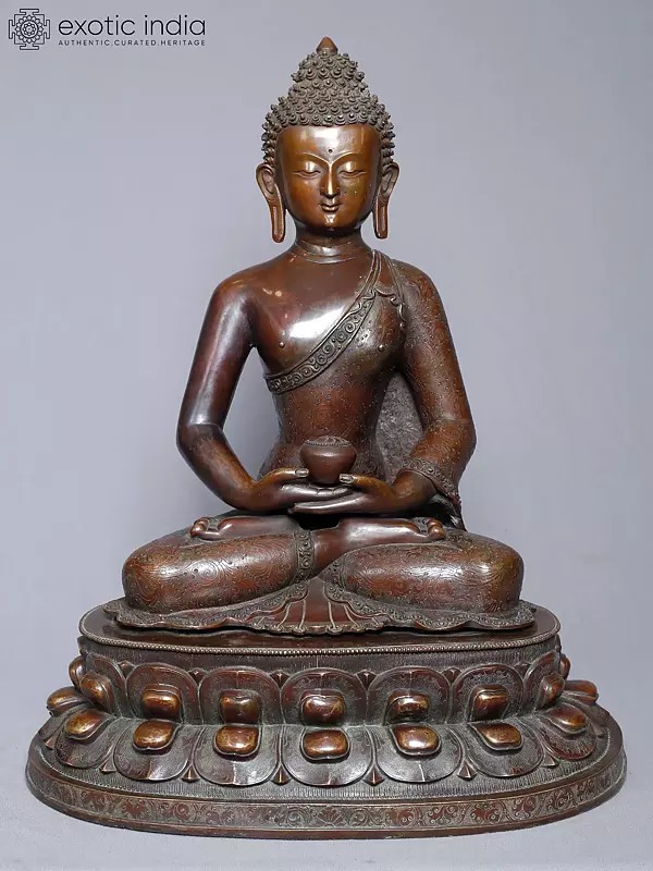 18" Lord Amitabha Buddha Statue On Pedestal In Copper Gold Plated From Nepal | Handmade Statue