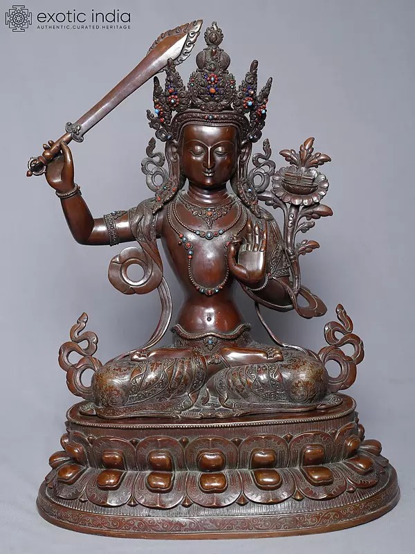 20" Seated Tibetan Buddhist Deity Manjushree Statue In Copper Gold Plated From Nepal