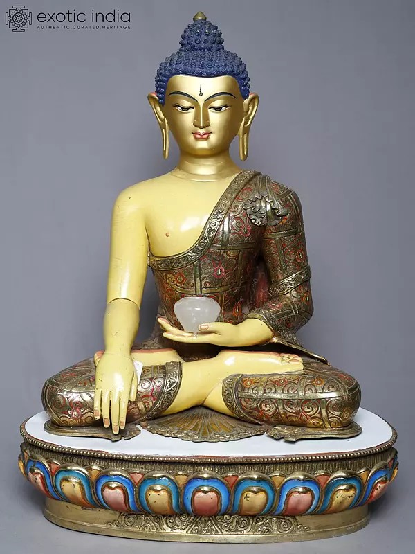 25" Seated Lord Shakyamuni Buddha Statue In Copper Gold Plated From Nepal