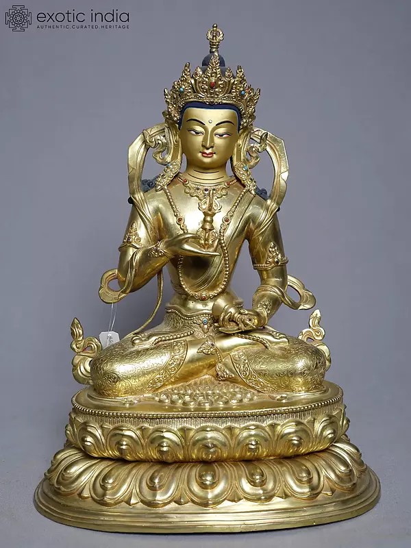 13" Bodhisattva Vajrasattva Statue Holding A Vajra In Copper Gold Plated From Nepal