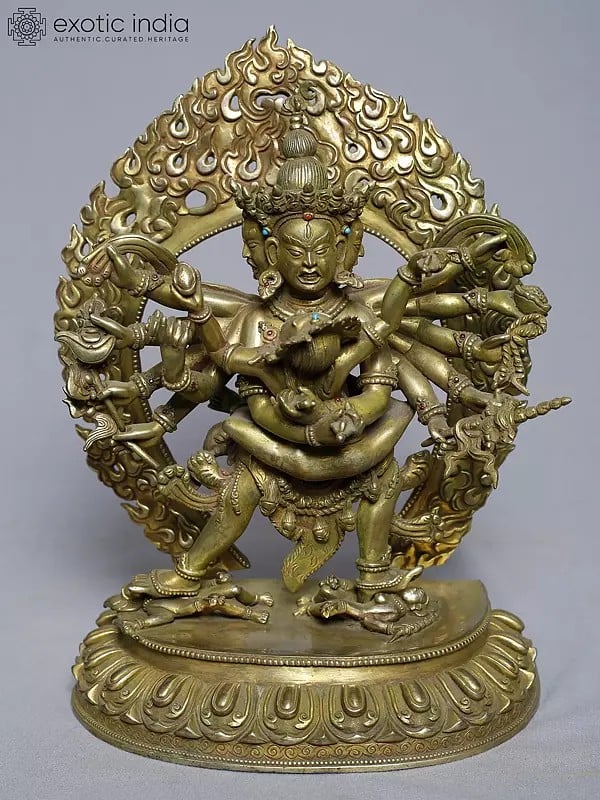 10" Buddhist Deity Chakrasamvara In Copper Gold Plated From Nepal | Handmade Statue