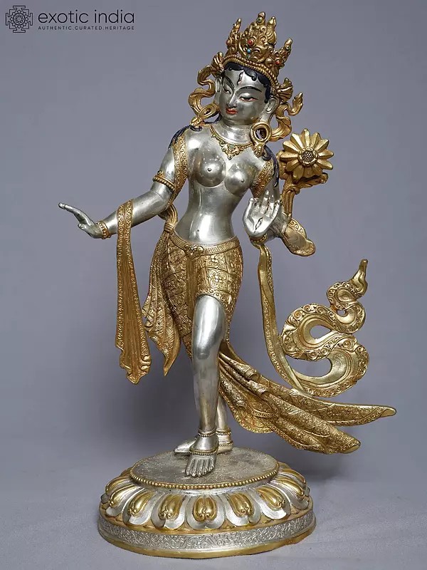 15" Tibetan Buddhist Standing Goddess Tara Statue In Copper Gold Plated From Nepal