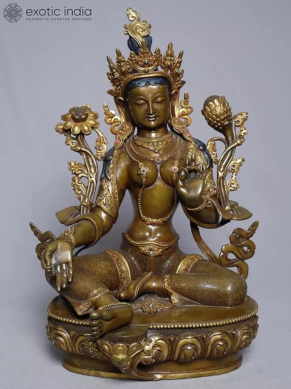 14" Goddess Green Tara Seated On Lotus Pedestal In Copper Gold Plated From Nepal | Handmade